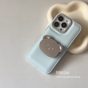 韩国ins奶蓝色金属小熊支架适用iphone14promax苹果13手机壳11新款,12pro硅胶xs女全包软壳