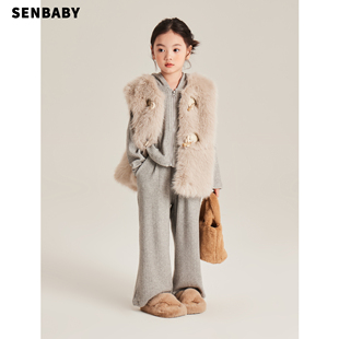 Senbaby亲子装,新款,宝宝洋气加绒环保毛毛外套,女童仿皮草马甲冬装