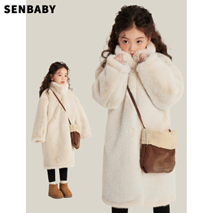 Senbaby童装,长款,仿皮草大衣儿童保暖复合麂皮绒毛毛外套,女童冬装