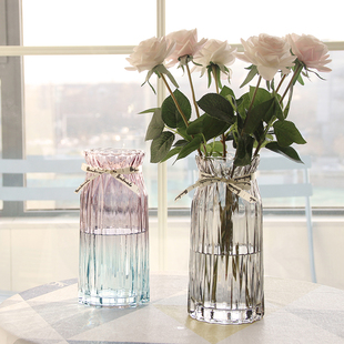 创意,竖棱,饰摆件,北欧玻璃花瓶透明,客厅插花鲜花玫瑰百合花器装