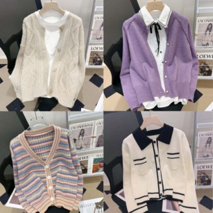 韩版,毛衣女针织开衫,外套紫色链接,2023秋冬新款,女装