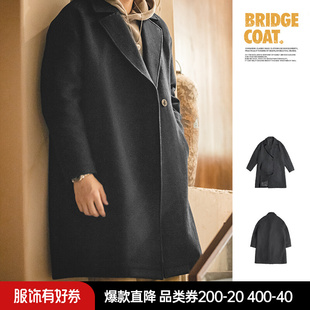 马登工装,复古重磅羊毛呢子大衣黑色加厚宽松中长款,外套男秋冬,美式