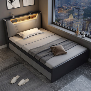 床现代简约1.2m单人床北欧小户型带灯高箱储物床家用榻榻米收纳床