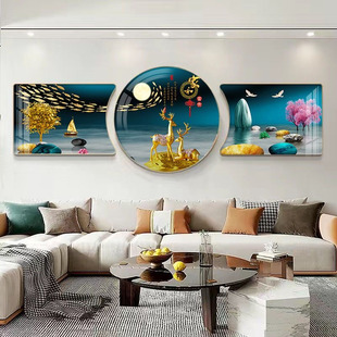 圆形三联画晶瓷壁画,客厅装,饰画现代简约轻奢沙发背景墙挂画新中式