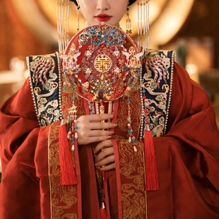 新娘结婚秀禾明制新古典汉唐古风双面手工成品材料包红色蕾丝团扇