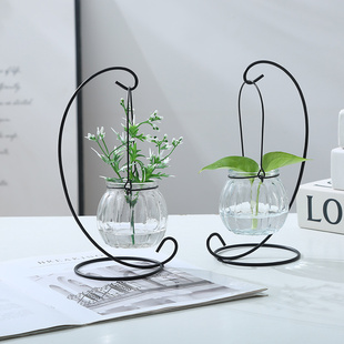 创意铁架水培绿萝玻璃花瓶容器盆办公室内桌面绿植现代摆件装,饰品