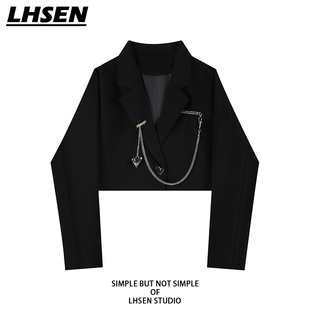 外套女宽松小个子炸街设计感小众小西服,「LHSEN」黑色短款,小西装