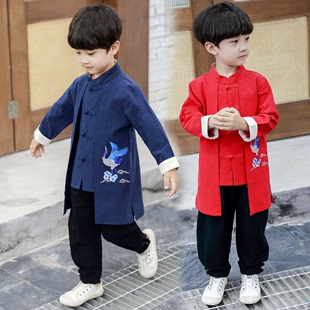 男童秋款,中国风刺绣仙鹤汉服两件套童装,小男孩子秋季,传统改良唐装