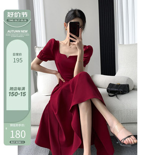 新款,红色连衣裙女2023夏季,订婚裙,果哥家,方领复古收腰显瘦泡泡袖