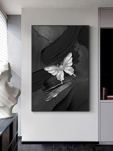 高级感现代简约轻奢黑白蝴蝶玄关装,饰画石英砂抽象画客厅沙发挂画